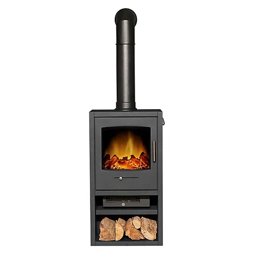 Adam Bergen XL Electric Stove in Charcoal Grey with Tall Angled Stove Pipe in Black