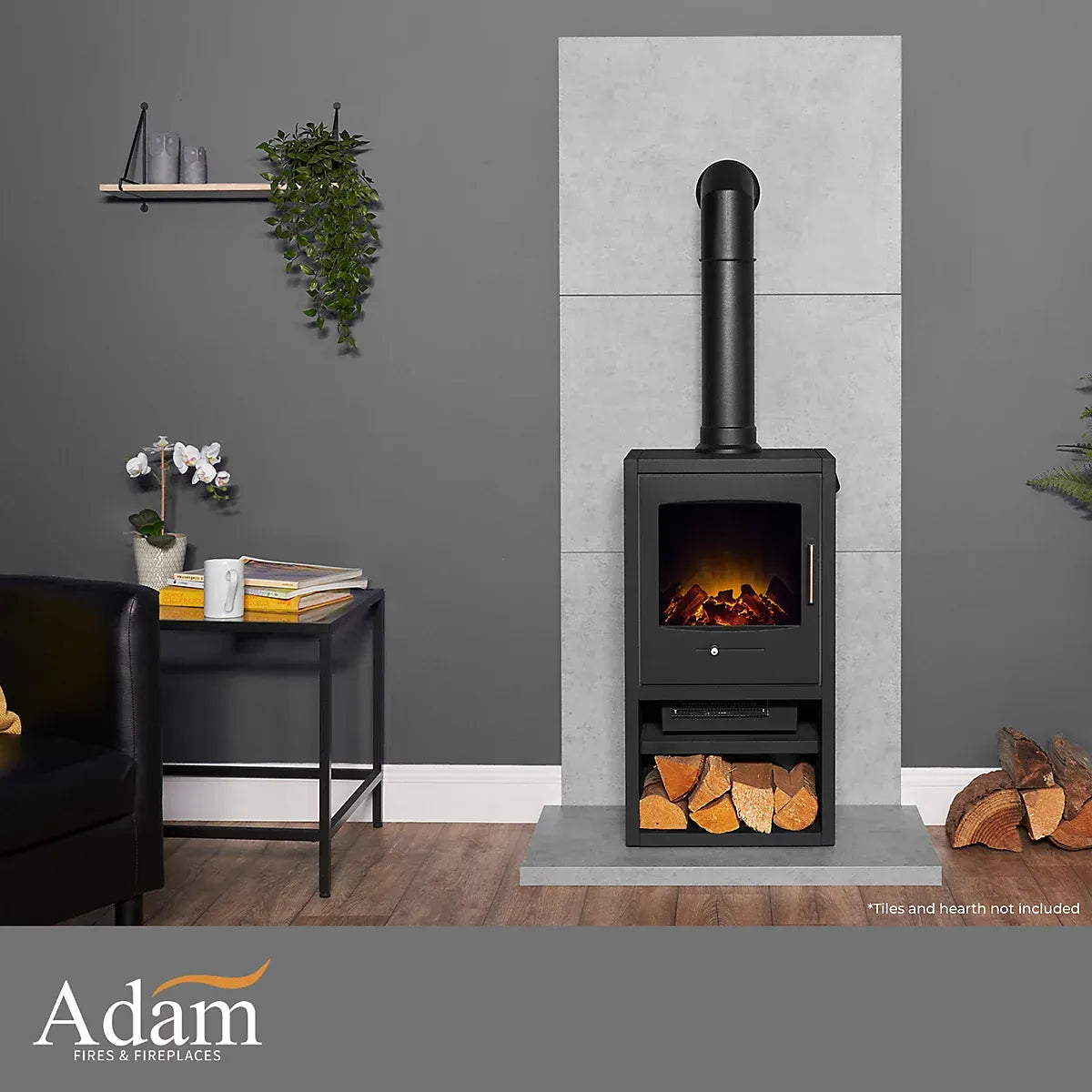 Adam Bergen XL Electric Stove in Charcoal Grey with Tall Angled Stove Pipe in Black