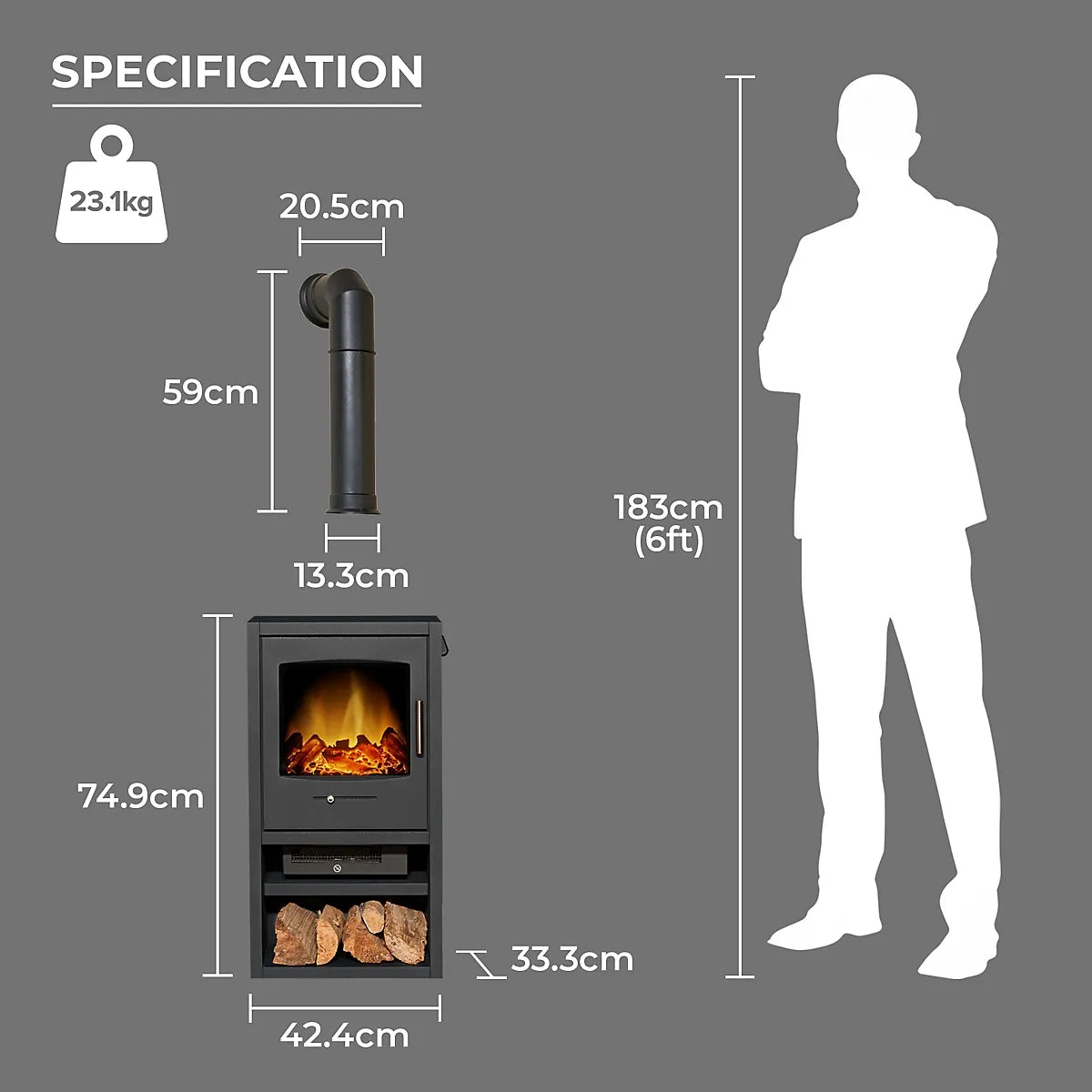 Adam Bergen XL Electric Stove in Charcoal Grey with Tall Angled Stove Pipe in Black