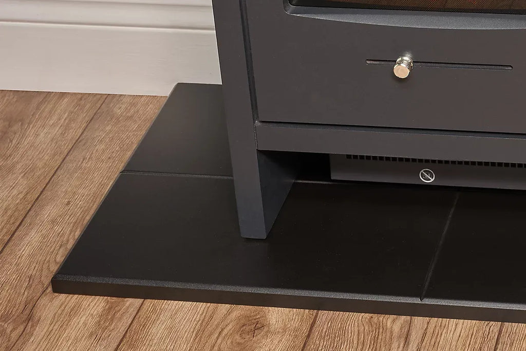 Adam Oak Beam, Hearth & Stove Pipe with Bergen Stove in Charcoal Grey