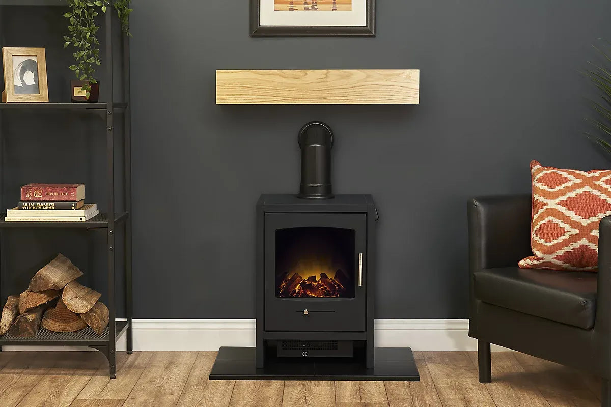 Adam Oak Beam, Hearth & Stove Pipe with Bergen Stove in Charcoal Grey