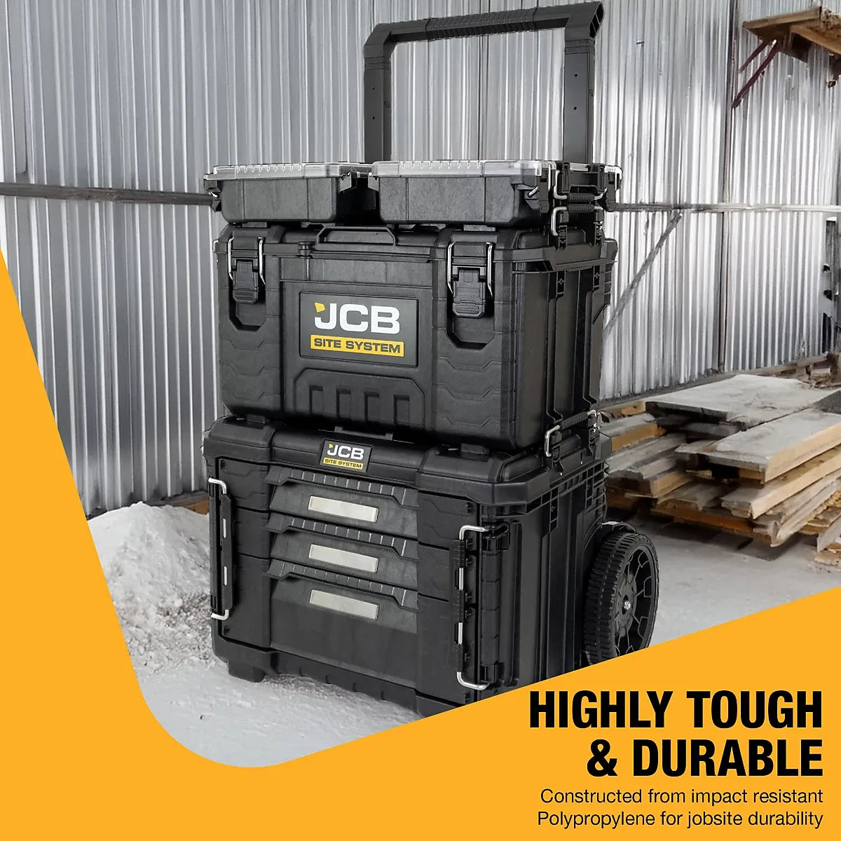 JCB Site System 5-Piece Tool Storage Set, Heavy-Duty Modular Toolboxes & Cart / Trolley JCB-SITESYS-ST-2