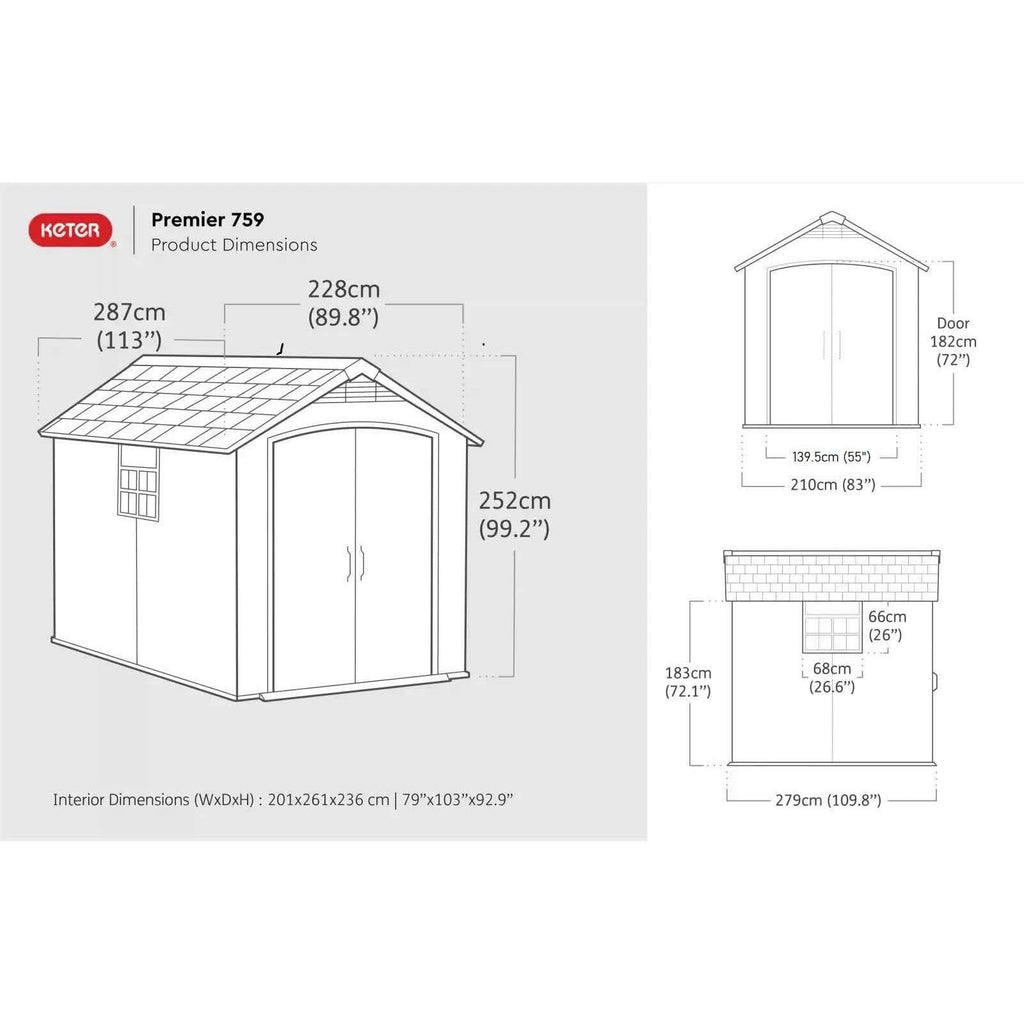 Keter 7.5'x9' Premier Heavy Duty Plastic Shed – Grey